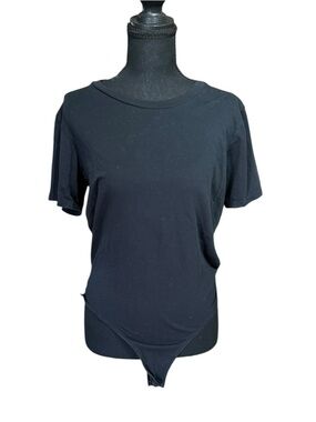 Free People Black Bodysuit Short Sleeve Snap Crotch Tee Size Medium
